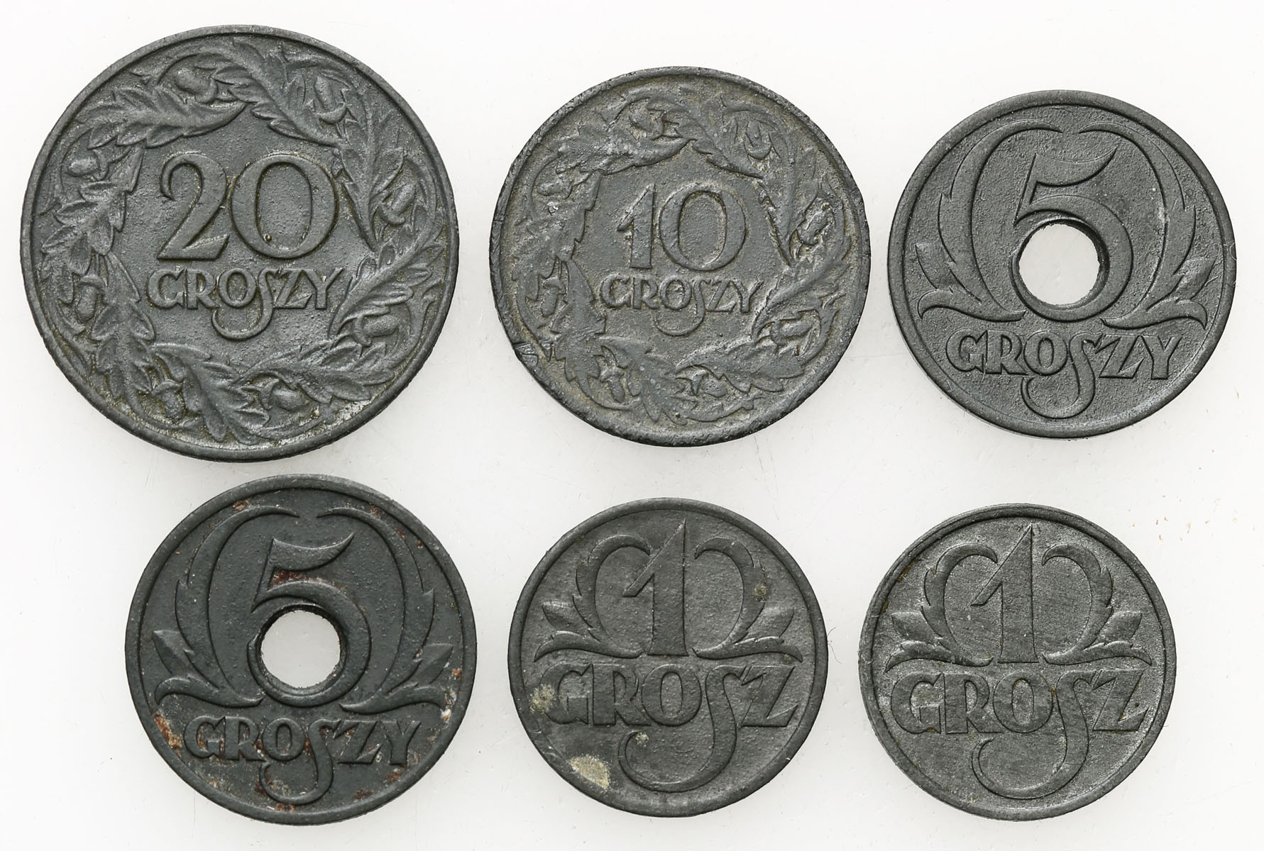 Generalna Gubernia. 1, 5, 10, 20 groszy 1923-1939, zestaw 6 monet